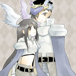 Rule 34 | 1boy, 1girl, argyle, argyle background, argyle clothes, ark kan, armor, belt, black belt, black eyes, black hair, blue cape, blush, boobplate, breastplate, brown background, brown cape, cape, closed mouth, commentary request, cowboy shot, cross, feathered wings, gauntlets, head wings, leg armor, long hair, looking at viewer, looking to the side, paladin (ragnarok online), pauldrons, ragnarok online, short hair, shoulder armor, smile, waist cape, white wings, wings