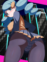 Rule 34 | 10s, 1girl, ace trainer (pokemon), ass, bad id, bad pixiv id, blue eyes, blue hair, blue pantyhose, blush, breasts, covered erect nipples, creatures (company), drill hair, from behind, game freak, large breasts, looking back, matanonki, matching hair/eyes, nintendo, npc trainer, panties, panties under pantyhose, pantyhose, pantyshot, pokemon, pokemon bw, pokemon bw2, skirt, solo, striped clothes, striped panties, twin drills, twintails, underwear, upskirt