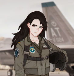 Rule 34 | 1girl, ace combat, aircraft, androgynous, belt, black hair, blurry, blurry background, closed mouth, commentary, dated, day, english commentary, engrish commentary, gloves, grey eyes, grey sky, unworn headwear, helmet, unworn helmet, holding, holding helmet, long hair, long sleeves, looking at viewer, military, military uniform, original, outdoors, patch, photo background, pilot, pilot helmet, pilot suit, scar, scar on face, scar on nose, sky, skyleranderton, solo, uniform, upper body, zipper