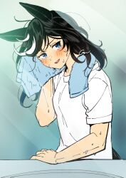 Rule 34 | 1girl, animal ears, black hair, blue eyes, blush, breasts, gaman, hair down, hand up, highres, horse ears, horse girl, horse tail, katsuragi ace (umamusume), long hair, looking at viewer, multicolored hair, open mouth, shirt, short sleeves, signature, sink, small breasts, solo, streaked hair, sweat, tail, towel, towel around neck, umamusume, upper body, very sweaty, white shirt, wiping sweat