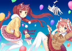 Rule 34 | 4girls, :o, :t, animal, animal ears, balloon, bell, blue background, blue eyes, blurry, blurry foreground, blush, bonnet, bow, braid, brown eyes, brown hair, brown hairband, brown jacket, brown ribbon, cat, cat ears, cat girl, cat tail, commentary request, covering crotch, covering privates, depth of field, doughnut, dress, eating, fang, food, frilled hairband, frilled skirt, frills, fur-trimmed hood, fur trim, fur trimm, gradient background, hair bell, hair bow, hair ornament, hairband, hat, holding, holding doughnut, holding food, hood, hood down, hooded jacket, jacket, jingle bell, layered dress, lolita fashion, long hair, long sleeves, looking at viewer, looking to the side, multiple girls, no shoes, original, parted lips, pink bow, pink ribbon, pink skirt, plaid, plaid bow, plaid skirt, pleated skirt, pom pom (clothes), purple bow, purple eyes, purple hair, purple skirt, ribbon, sidelocks, simple background, skirt, tail, tail bell, tail bow, tail ornament, tail ribbon, thighhighs, toujou mina, twintails, very long hair, white bow, white hair, white hat, white jacket, white legwear, yellow jacket