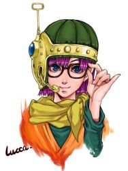 Rule 34 | 1girl, artist request, blue eyes, chrono trigger, closed mouth, glasses, helmet, looking at viewer, lucca ashtear, portrait, purple hair, scarf, short hair, simple background, smile, solo, white background