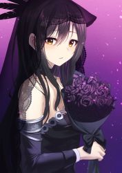 1girl absurdres bare_shoulders black_dress black_hair black_ribbon bouquet bridal_veil choker dress earrings feathers flower highres jewelry long_hair purple_flower ribbon rose see-through_clothes veil wedding_dress yellow_eyes yuzb