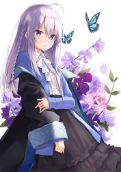 Rule 34 | 1girl, ahoge, ass, azuuru, black skirt, blue eyes, bow, braid, bug, butterfly, cover, cover page, elaina (majo no tabitabi), eyes visible through hair, frilled shirt, frilled skirt, frills, hair bow, hair tie, highres, holding own arm, insect, long hair, long skirt, long sleeves, looking at viewer, majo no tabitabi, nerine (flower), novel cover, official art, purple hair, shirt, silver hair, skirt, solo, sweet pea, white neckwear, white shirt, wide sleeves