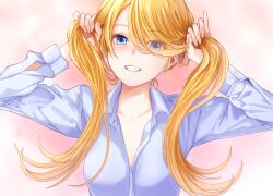 Rule 34 | 1girl, blonde hair, blue eyes, breasts, cleavage, collarbone, collared shirt, commentary request, eyes visible through hair, grin, hair over one eye, highres, holding, holding hair, medium breasts, original, shirt, smile, solo, toiro gawon, twintails, upper body