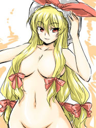 Rule 34 | 1girl, blonde hair, breasts, censored, completely nude, convenient censoring, female focus, hair censor, hair over breasts, hair ribbon, large breasts, long hair, navel, nude, out-of-frame censoring, red eyes, ribbon, solo, standing, tajima yuuki, touhou, white background, yakumo yukari