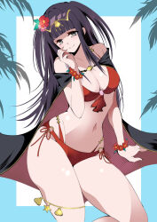 Rule 34 | 1girl, alternate costume, bare shoulders, bikini, black hair, blunt bangs, breasts, cape, cleavage, commentary, fe135700, female focus, fire emblem, fire emblem awakening, fire emblem heroes, flower, grey eyes, hair flower, hair ornament, highres, large breasts, long hair, looking at viewer, medium breasts, multi-strapped bikini bottom, navel, nintendo, o-ring, o-ring bikini, official alternate costume, red bikini, side-tie bikini bottom, smile, solo, stomach, swimsuit, tharja (fire emblem), tharja (summer) (fire emblem), thighs, twintails