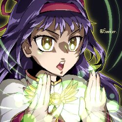 Rule 34 | 1girl, acolyte (ragnarok online), brown eyes, capelet, commentary request, glowing, hair intakes, hairband, long hair, lowres, magic, oekaki, open mouth, portrait, purple hair, ragnarok online, ragnarok the animation, red hairband, rouko605, solo, white capelet, yuufa