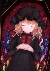 Rule 34 | 1girl, alternate costume, bebitera, black dress, bow, bowtie, closed eyes, coffin, crystal, dress, expressionless, flandre scarlet, flat chest, flower, gothic lolita, hat, highres, in container, lolita fashion, lying, medium hair, mob cap, nail polish, on back, own hands clasped, own hands together, petals, red bow, red bowtie, red flower, red nails, red rose, rose, solo, touhou, upper body, vampire, wings