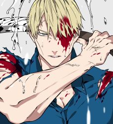 Rule 34 | 1boy, absurdres, blonde hair, blood, blue shirt, brown eyes, collared shirt, highres, holding, holding knife, holding weapon, jujutsu kaisen, knife, lips, looking at viewer, male focus, mochiya (mochiya0504), nanami kento, parted lips, shirt, short hair, solo, torn clothes, torn shirt, upper body, veins, veiny arms, veiny hands, water, water drop, weapon