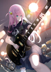 Rule 34 | 3girls, backlighting, black shirt, black skirt, blue eyes, blurry, blurry background, bocchi the rock!, closed mouth, clothes writing, commentary request, crossed bangs, cube hair ornament, dutch angle, eyelashes, eyes visible through hair, feet out of frame, foreshortening, gotoh hitori, guitar, hair between eyes, hair ornament, hair over shoulder, hand up, head tilt, highres, holding, holding instrument, ijichi nijika, instrument, light particles, long hair, looking down, miniskirt, multiple girls, music, myria (7855), one side up, pink hair, playing instrument, pleated skirt, serious, shirt, short sleeves, sidelocks, skirt, solo focus, spotlight, stage, stage lights, standing, v-shaped eyebrows, very long hair, yamada ryo