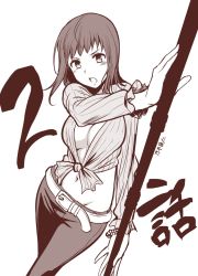 Rule 34 | 1girl, belt, blush, breasts, cleavage, feet out of frame, female focus, friulian spear, hand up, highres, holding, holding polearm, holding spear, holding weapon, itsuwa, large breasts, light blush, looking at viewer, medium hair, midriff, monochrome, navel, nogi yasuhito, open mouth, pants, polearm, solo, spear, standing, toaru majutsu no index, weapon