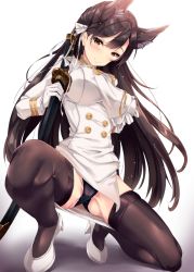 Rule 34 | 1girl, :&gt;, animal ears, atago (azur lane), azur lane, black hair, black panties, black thighhighs, breasts, buttons, closed mouth, covered erect nipples, fukuda shuushi, full body, gloves, grabbing own breast, gradient background, hair ribbon, high heels, highres, kneeling, long hair, long sleeves, looking at viewer, medium breasts, military, military uniform, mole, mole under eye, naval uniform, on one knee, panties, pantyshot, ribbon, sheath, sheathed, shoes, smile, solo, sword, thighhighs, underwear, uniform, very long hair, weapon, white background, white footwear, white gloves, white ribbon