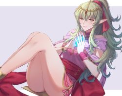Rule 34 | 1girl, blush, bracelet, breasts, commentary request, dress, fingernails, fire emblem, fire emblem: mystery of the emblem, fire emblem awakening, fire emblem heroes, glowing, green eyes, green hair, highres, holding, jewelry, long hair, looking at viewer, medium breasts, nintendo, official alternate costume, parted lips, pink dress, pointy ears, short dress, simple background, sitting, sleeveless, smile, solo, stone, thighs, tiara, tiki (adult) (fire emblem), tiki (fire emblem), tomo shirasu