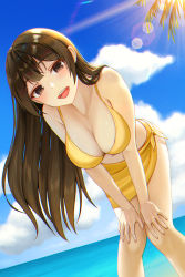 Rule 34 | 1girl, :d, absurdres, bare arms, bare legs, bare shoulders, bent over, bikini, blue sky, blush, breasts, brown eyes, brown hair, cleavage, collarbone, day, dutch angle, feet out of frame, gonzz (gon2rix), hands on own knees, hanging breasts, highres, large breasts, lens flare, long hair, looking at viewer, navel, ocean, open mouth, original, outdoors, palm tree, sarong, sky, smile, solo, standing, swimsuit, tree, very long hair, water, yellow bikini