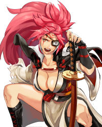 Rule 34 | angry, baiken, boots, breasts, eyepatch, facial mark, fighting stance, fingerless gloves, gloves, guilty gear, guilty gear xrd, highres, japanese clothes, kimono, laio, large breasts, long hair, looking at viewer, pink eyes, pink hair, ponytail, samurai, sword, thighs, weapon
