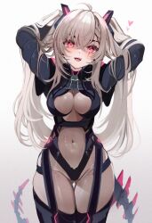 Rule 34 | 1girl, :d, ahoge, arms up, blush, bodysuit, braid, braided bangs, breasts, gluteal fold, grey hair, hair between eyes, heart, indie virtual youtuber, koahri, large breasts, long hair, long sleeves, looking at viewer, mechanical tail, open mouth, red eyes, saruei (vtuber), scar, scar across eye, simple background, smile, solo, standing, tail, thigh gap, thighs, virtual youtuber