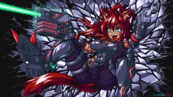 Rule 34 | 1girl, animal ears, artist name, boots, breasts, dual wielding, gloves, green eyes, gun, handgun, highres, holding, holding gun, holding weapon, j.raido, large breasts, long hair, open mouth, pants, pixel art, red hair, smile, solo, tail, weapon