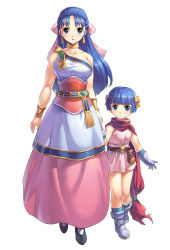 Rule 34 | 2girls, age difference, blue eyes, blue hair, boots, bow, cape, dragon quest, dragon quest v, dress, flora (dq5), gloves, hair ribbon, hero&#039;s daughter (dq5), holding hands, mother and daughter, multiple girls, pantyhose, pink bow, ribbon, simple background, smile, square enix, standing, uchiu kazuma, white background, yellow bow