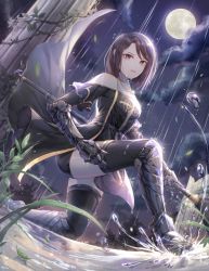 Rule 34 | 1girl, armor, black thighhighs, brown eyes, brown hair, cross, dungeon and fighter, female priest (dungeon and fighter), jewelry, looking at viewer, necklace, ozzingo, rain, short hair, smile, solo, thighhighs, water drop, wet