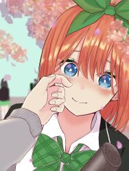 Rule 34 | 1girl, black jacket, blue eyes, blurry, blush, bow, bright pupils, cherry blossoms, closed mouth, collared shirt, commentary, crying, crying with eyes open, depth of field, double-parted bangs, eyebrows hidden by hair, eyelashes, falling petals, go-toubun no hanayome, graduation, green bow, green hairband, green ribbon, hair between eyes, hair ribbon, hairband, happy, head tilt, highres, jacket, looking at viewer, medium hair, nakano yotsuba, nose blush, orange hair, outdoors, petals, plaid, plaid bow, pov, pov hands, ribbon, school uniform, shirt, smile, solo focus, straight hair, tears, white pupils, white shirt, wiping tears, yayoi (dygk8777)