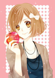 Rule 34 | 1girl, apple, bad id, bad pixiv id, bow, brown eyes, brown hair, food, fruit, hair bow, hair ornament, jewelry, kanae (aab), necklace, original, short hair, smile, solo