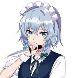 Rule 34 | 1girl, bad id, bad pixiv id, blue dress, blue eyes, bow, braid, commentary request, dress, green bow, green ribbon, hair between eyes, hair bow, hand up, holding, holding knife, holding weapon, izayoi sakuya, knife, looking at viewer, maid, maid headdress, neck ribbon, puffy short sleeves, puffy sleeves, raki (for03ge), reverse grip, ribbon, shirt, short hair, short sleeves, silver hair, simple background, solo, touhou, twin braids, upper body, weapon, white background, white shirt, wrist cuffs