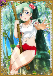 Rule 34 | 00s, 1girl, :o, bare legs, blue eyes, blush, breasts, buruma, card (medium), child, curvy, earrings, female focus, green hair, hair bobbles, hair ornament, ikkitousen, jewelry, lens flare, long hair, looking at viewer, magatama, magatama earrings, nature, navel, open mouth, outdoors, rope, shiny skin, shokatsuryou koumei, small breasts, solo, torn clothes, tree, twintails