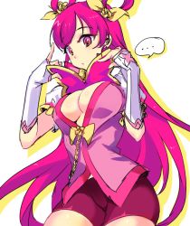 Rule 34 | 1girl, bike shorts, bow, breasts, closed mouth, cowboy shot, cure dream, fingerless gloves, gloves, hair rings, large breasts, long hair, looking down, magical girl, aged up, open clothes, open shirt, pink eyes, pink hair, pink vest, precure, puffy sleeves, rushi (bloodc), short sleeves, shorts, simple background, solo, v-neck, vest, white background, yes! precure 5, yumehara nozomi