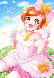 Rule 34 | 1girl, absurdres, artist name, artist request, back bow, bare shoulders, blue sky, bow, breasts, cat smile, cherry blossoms, choker, cleavage, clenched hands, cloud, collarbone, day, dress, earrings, female focus, flat chest, flower, gloves, grass, green eyes, hair between eyes, hair flower, hair ornament, highres, hoshizora rin, jewelry, looking at viewer, love live!, love live! school idol festival, love live! school idol project, love wing bell, love wing bell (love live!), miniskirt, on grass, orange flower, orange hair, outdoors, parted lips, paw pose, pink bow, pink skirt, plaid, plaid dress, plaid skirt, pleated, pleated dress, pleated skirt, pom pom (clothes), pom pom hair ornament, short dress, short hair, sitting, skirt, sky, sleeveless, sleeveless dress, small breasts, smile, solo, strapless, strapless dress, veil, wedding dress, white choker, white dress, white gloves, white legwear, white skirt, white veil, white wrist cuffs, wrist cuffs, yellow eyes, yellow flower