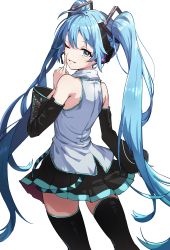 Rule 34 | 1girl, black skirt, black sleeves, black thighhighs, blue eyes, blue hair, detached sleeves, finger to mouth, floating hair, from behind, grin, hair ornament, hatsune miku, headphones, headset, highres, index finger raised, long hair, long sleeves, looking at viewer, microphone, miniskirt, one eye closed, pleated skirt, shirt, shushing, skirt, sleeveless, sleeveless shirt, smile, solo, standing, syaco21, thighhighs, twintails, very long hair, vocaloid, white shirt, zettai ryouiki