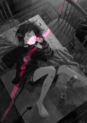 Rule 34 | 1boy, absurdres, bandaid, bare legs, barefoot, black choker, black hair, black shirt, black shorts, bottle, bruise, can, chair, choker, cup, demon tail, from above, hand up, head wings, highres, injury, layered sleeves, long sleeves, looking at viewer, monochrome, original, print shirt, rug, sasakure (mogunonbi), shirt, short hair, short over long sleeves, short sleeves, shorts, sleeves past wrists, solo, spot color, table, tail, wings