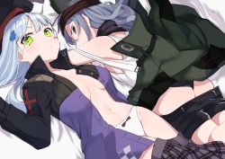 Rule 34 | 2girls, ass, beret, black headwear, breasts, clothes pull, commentary request, facial mark, g11 (girls&#039; frontline), girls&#039; frontline, girusyu1945, green eyes, grey hair, hat, highres, hk416 (girls&#039; frontline), jacket, long hair, long sleeves, looking at viewer, lying, medium breasts, multiple girls, navel, on back, on stomach, open clothes, panties, skirt, skirt pull, underwear, white panties