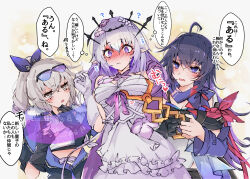 3girls ? ahoge black_hair blush breasts bust_measuring castorice_(honkai:_star_rail) crossed_bangs detached_sleeves dress eyewear_on_head flying_sweatdrops gloves grey_eyes grey_hair hair_between_eyes high_ponytail highres honkai:_star_rail honkai_(series) long_hair measuring mirui multicolored_hair multiple_girls nose_blush pointy_ears ponytail purple_eyes purple_hair seele_(honkai:_star_rail) silver_wolf_(honkai:_star_rail) sunglasses sweat tinted_eyewear translation_request very_long_hair