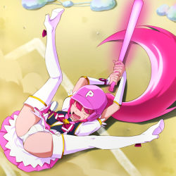 Rule 34 | 10s, 1girl, @ @, aino megumi, arms up, bad id, bad pixiv id, baseball bat, baseball helmet, boots, bow, brooch, cure lovely, happinesscharge precure!, heart, heart brooch, helmet, high heels, highres, long hair, lying, magical girl, md5 mismatch, mont blanc (heartcatch ayaya), on back, open mouth, panties, pink bow, pink hair, ponytail, precure, solo, spread legs, thigh boots, thighhighs, underwear, white panties, white thighhighs, wide ponytail
