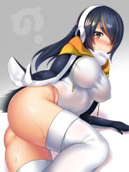 Rule 34 | 10s, 1girl, ass, black hair, blush, breasts, brown eyes, emperor penguin (kemono friends), grey background, hair over one eye, headphones, highres, hip focus, hitotsuki nebura, japari symbol, kemono friends, large breasts, light smile, long hair, looking at viewer, solo, thighhighs, thighs, white thighhighs