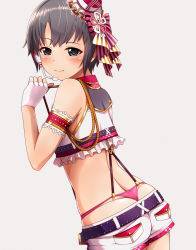 Rule 34 | 1girl, ass, bare shoulders, belt, blush, commentary request, fingerless gloves, from behind, gloves, hadome, hair ornament, hair ribbon, hat, highres, idolmaster, idolmaster cinderella girls, idolmaster cinderella girls starlight stage, looking at viewer, multicolored clothes, multicolored hat, otokura yuuki, panties, pink panties, purple belt, red hat, ribbon, short hair, short shorts, shorts, simple background, smile, solo, suspenders, thong, underwear, wedgie, whale tail (clothing), white background, white gloves, white hat, white shorts
