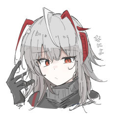 Rule 34 | 1girl, :/, alternate hairstyle, antenna hair, antennae, arknights, black gloves, black shirt, blush, cropped head, demon horns, dot nose, enunomiya, gloves, grey hair, horns, looking at viewer, medium hair, playing with own hair, red eyes, red horns, shirt, simple background, slit pupils, solo, w (arknights), white background