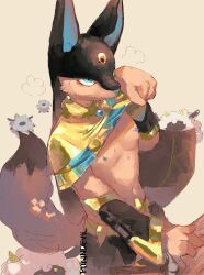 Rule 34 | 1boy, absurdres, animal ears, anubis (palworld), black fur, black hair, black pants, black tail, blue eyes, brown fur, capelet, clothes lift, commentary request, cowboy shot, detached sleeves, egyptian, forehead jewel, furry, furry male, gold trim, half-closed eyes, highres, holding, holding clothes, jackal boy, jackal ears, jackal tail, jewelry, lamball, lifted by self, long hair, long sleeves, midriff, multicolored clothes, multicolored fur, multicolored tail, navel, nipples, pal (creature), palworld, pants, shirt, shirt lift, solo focus, striped clothes, striped shirt, sweat, tail, tongue, tongue out, two-tone tail, very long hair