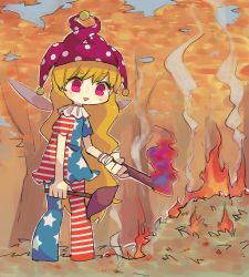 Rule 34 | 1girl, :d, american flag dress, american flag legwear, autumn leaves, bad id, bad twitter id, blonde hair, clownpiece, commentary request, fairy wings, fire, forest, hat, holding, jester cap, leaf, long hair, nature, open mouth, pantyhose, purple eyes, sasa kichi, short sleeves, smile, solo, standing, striped clothes, striped pantyhose, torch, touhou, triangle mouth, very long hair, wings