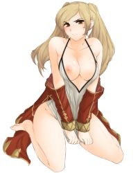 Rule 34 | 1girl, angry, areola slip, bare shoulders, barefoot, blonde hair, blush, bottomless, breasts, brown eyes, cleavage, closed mouth, clothes pull, coat, collarbone, covering crotch, covering privates, curvy, embarrassed, feet, fire emblem, fire emblem awakening, fire emblem heroes, frown, full body, highres, intelligent systems, light blush, long hair, looking at viewer, medium breasts, nintendo, nipple slip, nipples, no bra, no panties, partially undressed, pulling, red coat, robin (female) (fire emblem), robin (fire emblem), scowl, solo, super smash bros., sweatdrop, tank top, thighs, toes, transparent background, tridisart, twintails