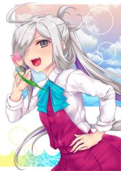 Rule 34 | 1girl, ahoge, asashimo (kancolle), blazer, bow, bowtie, flower, grey eyes, hair over one eye, hand on own hip, highres, holding, holding flower, jacket, kantai collection, long hair, long sleeves, marie (bethlehem), open mouth, pink flower, pink tulip, ponytail, school uniform, sharp teeth, shirt, silver hair, sleeves rolled up, solo, teeth, tulip, white shirt
