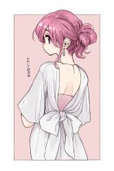 Rule 34 | 1girl, absurdres, azumaya toushirou, back, backless dress, backless outfit, border, closed mouth, dress, earrings, flower earrings, from behind, hair bun, highres, jewelry, looking at viewer, looking back, necklace, original, outside border, pink background, pink eyes, pink hair, profile, short sleeves, simple background, single hair bun, solo, standing, upper body, white border, white dress