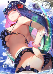 Rule 34 | 1girl, arm strap, ass, bikini, blue eyes, blue hair, blue sky, blunt bangs, bow, breasts, closed mouth, cloud, colored inner hair, day, earrings, eyewear on head, flower, hair bow, hair flower, hair ornament, hibiscus, highres, honekoneko (psg), innertube, jewelry, large breasts, lips, long hair, looking at viewer, migumigu, multicolored hair, o-ring, o-ring bikini, one eye closed, outdoors, panty &amp; stocking with garterbelt, pink hair, purple bikini, sideboob, skindentation, sky, smile, solo, stocking (psg), striped bikini, striped clothes, stud earrings, stuffed animal, stuffed cat, stuffed toy, sunglasses, swim ring, swimsuit, thigh bow, thigh strap, two-tone hair, underboob, water