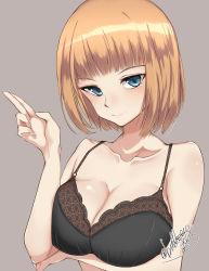 Rule 34 | 1girl, bad id, bad pixiv id, black bra, blue eyes, blunt bangs, blush, bra, brave witches, breasts, brown hair, cleavage, collarbone, grey background, gundula rall, large breasts, momendoufu, short hair, simple background, solo, underwear, world witches series