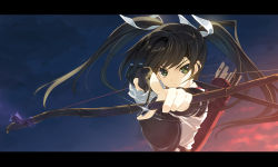 Rule 34 | 10s, 1girl, aiming, aiming at viewer, armor, arrow (projectile), black bar, black hair, bow, bow (weapon), drawing bow, gloves, green eyes, hair ribbon, highres, holding, holding bow (weapon), holding weapon, japanese clothes, kantai collection, letterboxed, long hair, looking at viewer, muneate, nakamura takeshi, night, night sky, quiver, ribbon, sky, solo, twintails, weapon, zuikaku (kancolle)