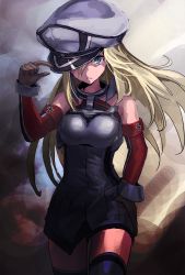 Rule 34 | 10s, 1girl, bad id, bad twitter id, bare shoulders, bismarck (kancolle), blonde hair, blue eyes, breasts, detached sleeves, dress, geeto gaadian, grey dress, grey thighhighs, hand on own hip, hat, hat over one eye, kantai collection, kriegsmarine, long hair, looking at viewer, military, military uniform, peaked cap, serious, short dress, solo, thighhighs, uniform, zettai ryouiki