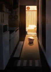 Rule 34 | 1boy, absurdres, commentary request, dark room, door, highres, indoors, kirby, kirby (series), kitchen, looking at viewer, microwave, nintendo, open door, pot, refrigerator, shizui fen, sink, stove, table, tissue box