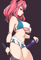 Rule 34 | 1girl, azur lane, bandaid, bare shoulders, breasts, bremerton (scorching-hot training) (azur lane), covered erect nipples, from side, hair ornament, hairclip, holding, holding racket, long hair, looking at viewer, midriff, navel, parted lips, phallic symbol, pink eyes, pink hair, pleated skirt, purple background, racket, sieyarelow, simple background, skirt, sleeveless, solo, tennis racket, twintails, underboob, wristband