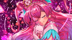 Rule 34 | 1girl, abstract background, absurdres, artist name, choker, closed eyes, closed mouth, creature, cure precious, delicious party precure, derivative work, earrings, flower, gloves, hair flower, hair ornament, hairband, highres, inkfy, jewelry, kome-kome (precure), long hair, magical girl, nagomi yui, pink choker, pink hair, pink hairband, pink theme, precure, screenshot redraw, smile, triangle, two side up, upper body, white gloves